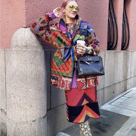 Farm Rio Patchwork Tapestry Crochet Puffer Jacket - Picture 7 of 13